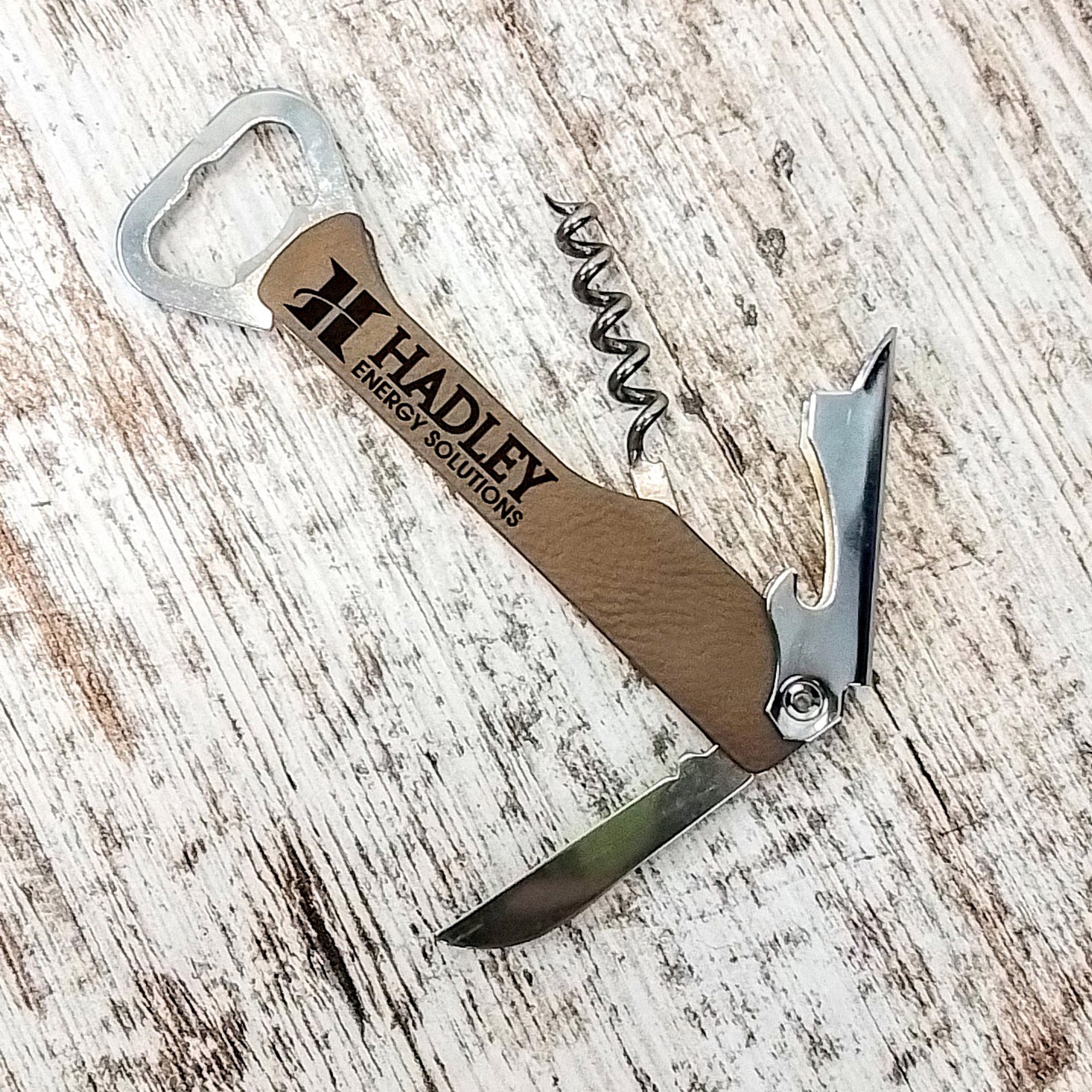 Leather Corkscrew Wine Bottle Opener - Customized with your Logo - Great for client gifts, merchandising - AirBnB STR VRBO