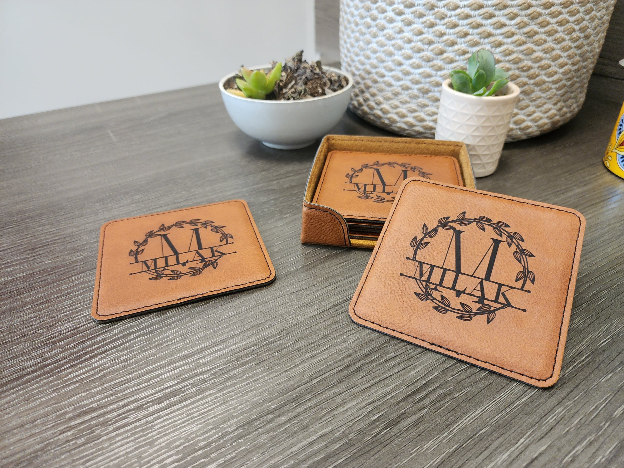 Square Leather Last Name Monogram Coaster - Set of 6