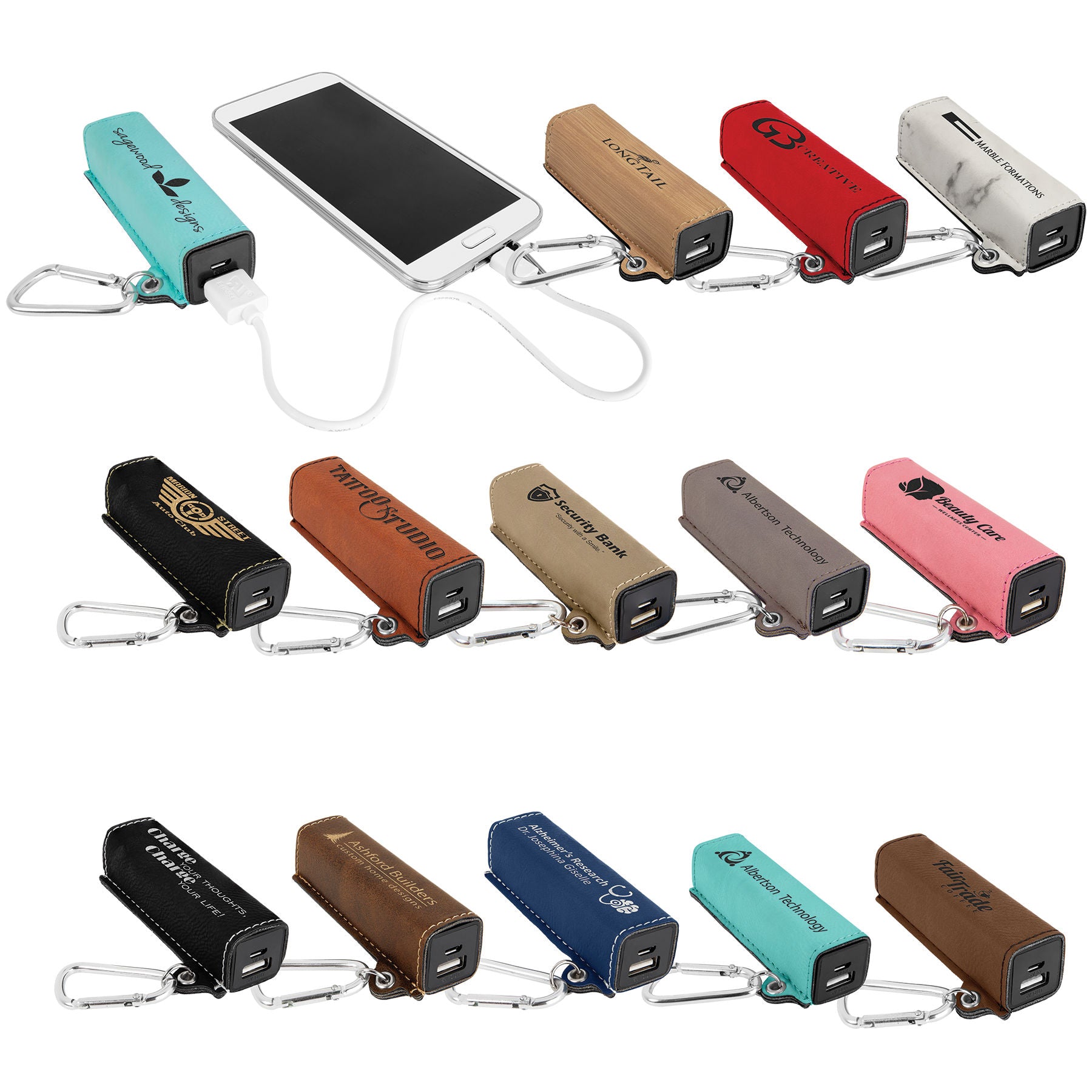 Your Logo On A Leather Wrapped 2200 mAh Power Bank -Laser Engraved - Multiple Colors Available