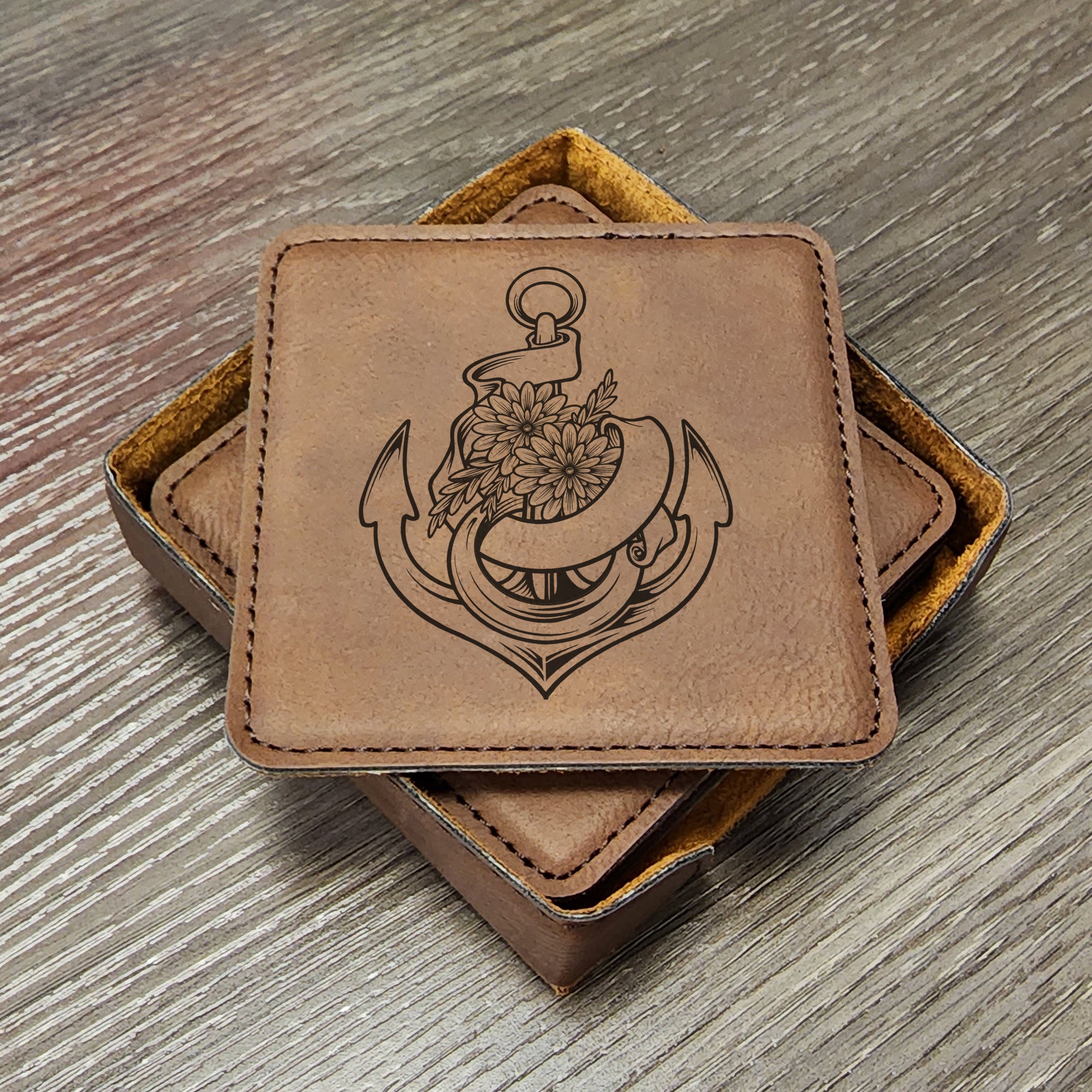 Sailing Anchor Leather Coaster, Boating Coaster, Nautical Coaster, Coasters for Vacation Home, Father's Day Gifts, Set of 6 With Holder