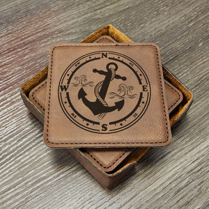 Sailing Themed Leather Coaster w/ Anchor and Compass, Great for Yacht Clubs, Nautical Themed Vacation Home & Gifts, Set of 6 With Holder