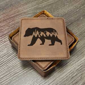 Black Bear Forest Silhouette Coaster Set of 6 With Holder, A Great Gift For A Home In the Mountains Or On The Lake, Grizzly Bear