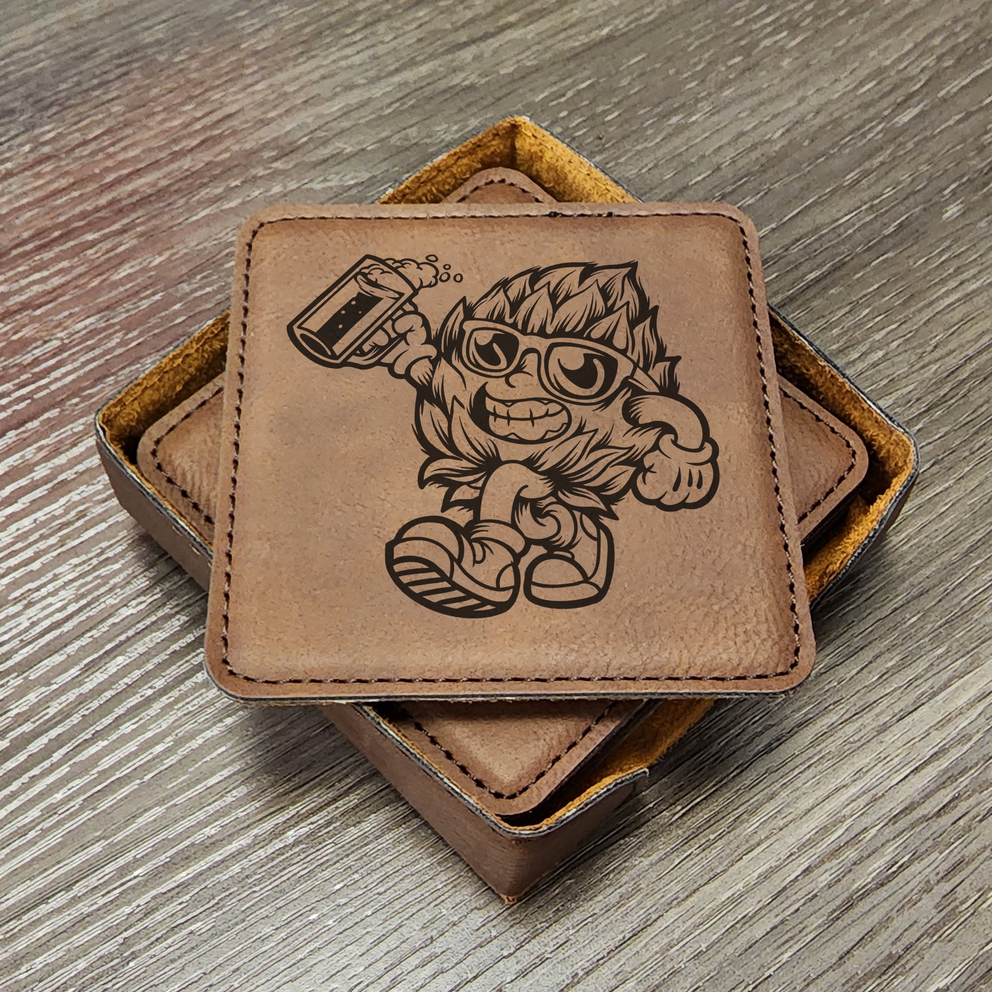 Good Time Hops Beer Drinker Mascot Leather Coasters, Beer Gifts, Man Cave Coaster, Brewery Coaster, Barware Coasters, Set of 6 With Holder