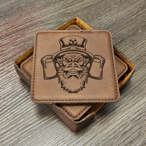 Leprechaun Beer Drinker Mascot Leather Coasters, Irish Beer Gifts, Man Cave Coaster, Brewery Coaster, Barware Coasters, Set of 6 With Holder