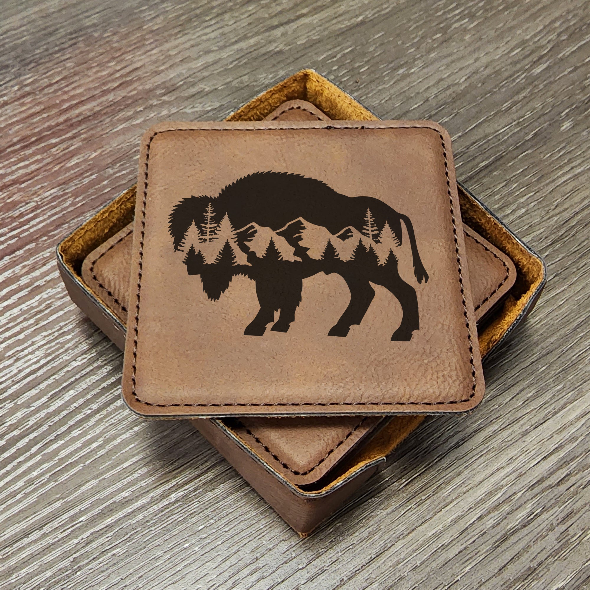 Buffalo Forest Silhouette Coaster Set of 6 With Holder, A Great Gift For A Home In the Mountains Or On The Lake, Grizzly Bear