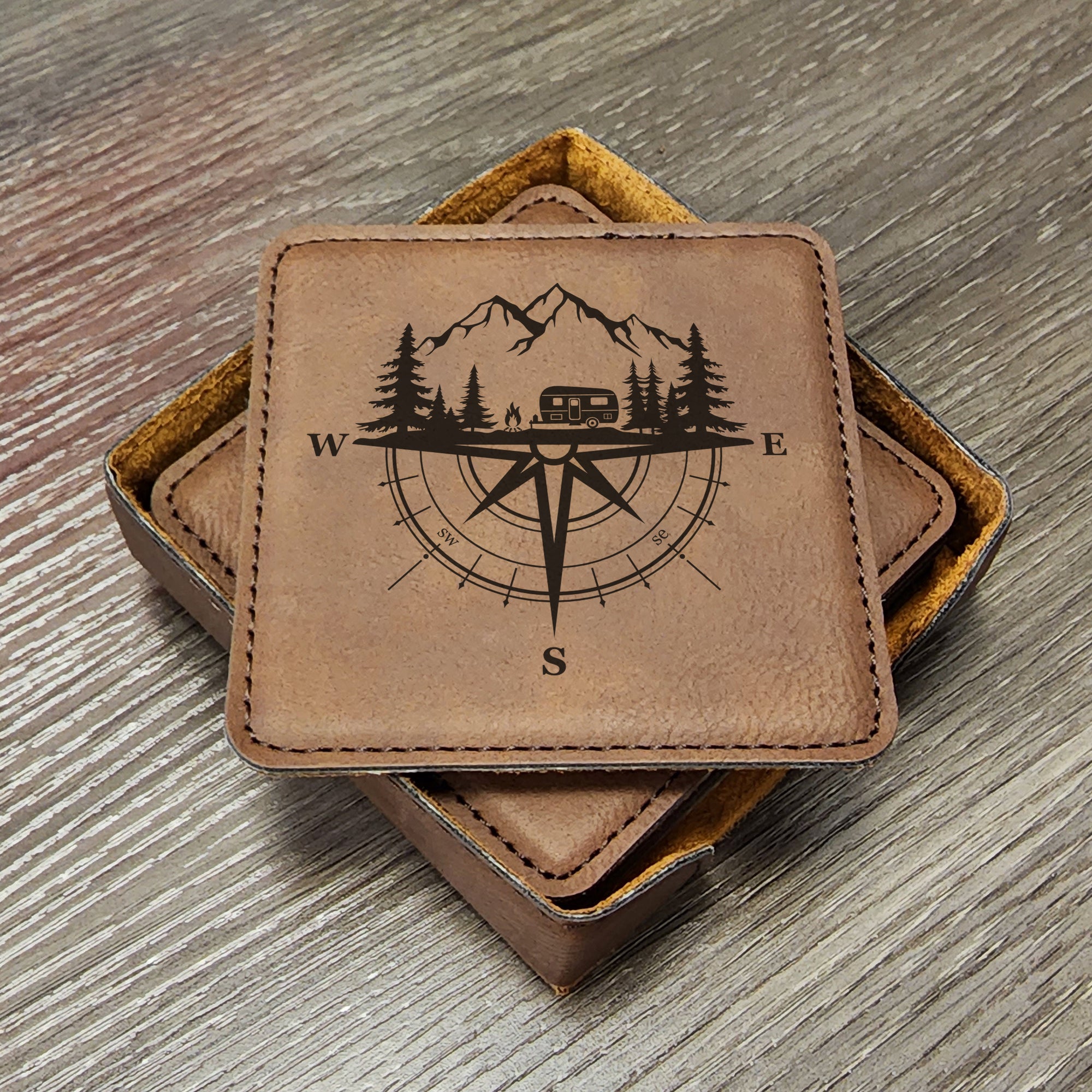 RV Camper Travel Trailer Coasters Forests, Mountains and Compass - Great for RVing, Adventure Loving Campers Gifts, Set of 6 With Holder
