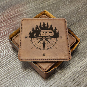 RV Camper Travel Trailer Coasters Forests and Compass, Great for RVing, Adventure Loving Campers Gifts, Set of 6 With Holder