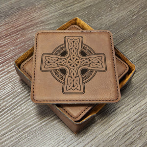 Celtic Cross Coaster Set of 6 With Holder, Triquetra Celtic Gifts, Celtic Knot Man Cave Irish Design Coaster vrs 2