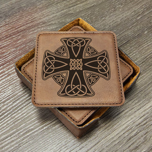 Celtic Cross Coaster Set of 6 With Holder, Triquetra Celtic Gifts, Celtic Knot Man Cave Irish Design Coaster vrs 3