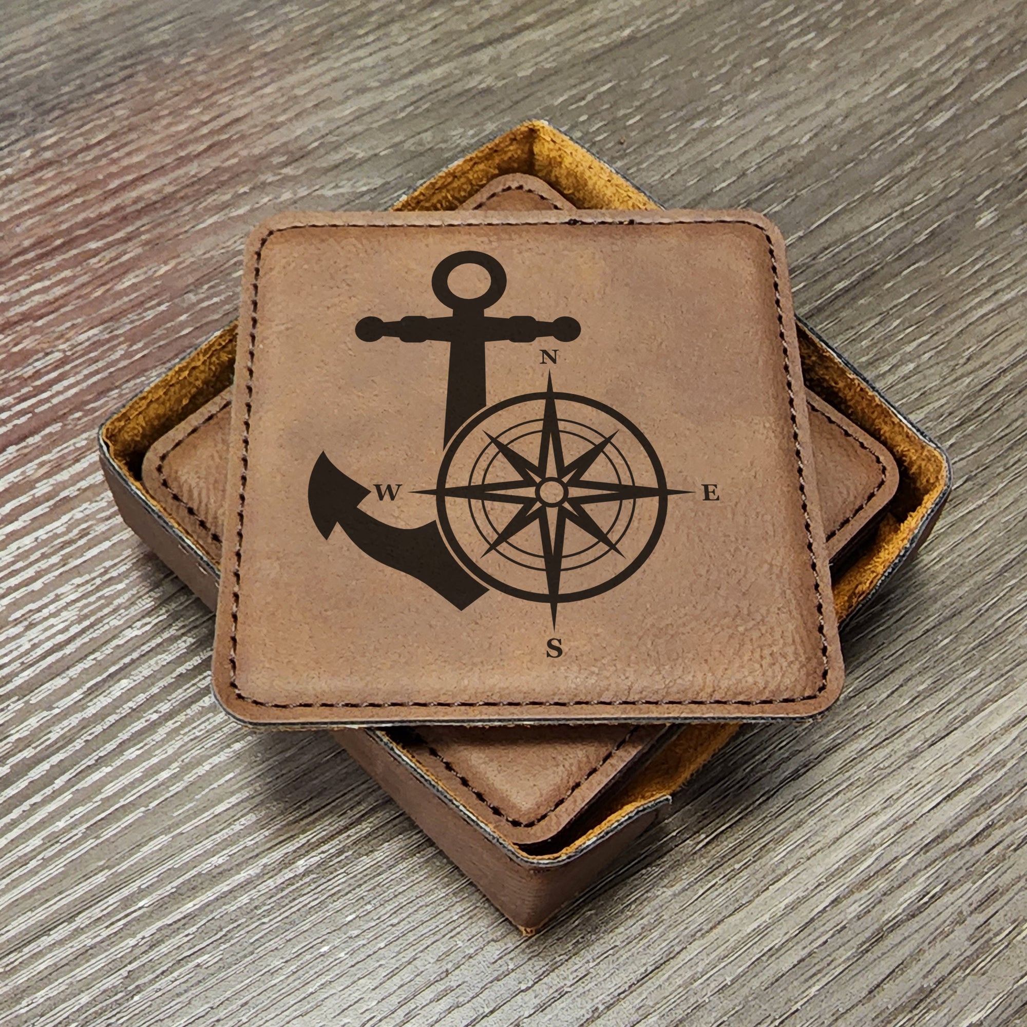 Sailing Themed Leather Coaster w/ Anchor and Compass, Great for Yacht Clubs, Nautical Themed Vacation Home & Gifts, Set of 6 With Holder