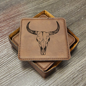 Western Coasters, Farmhouse Gifts, Beef Farmer Coasters, Cow Skull Coaster, Barware Coasters, Bull Skull, Set of 6 With Holder