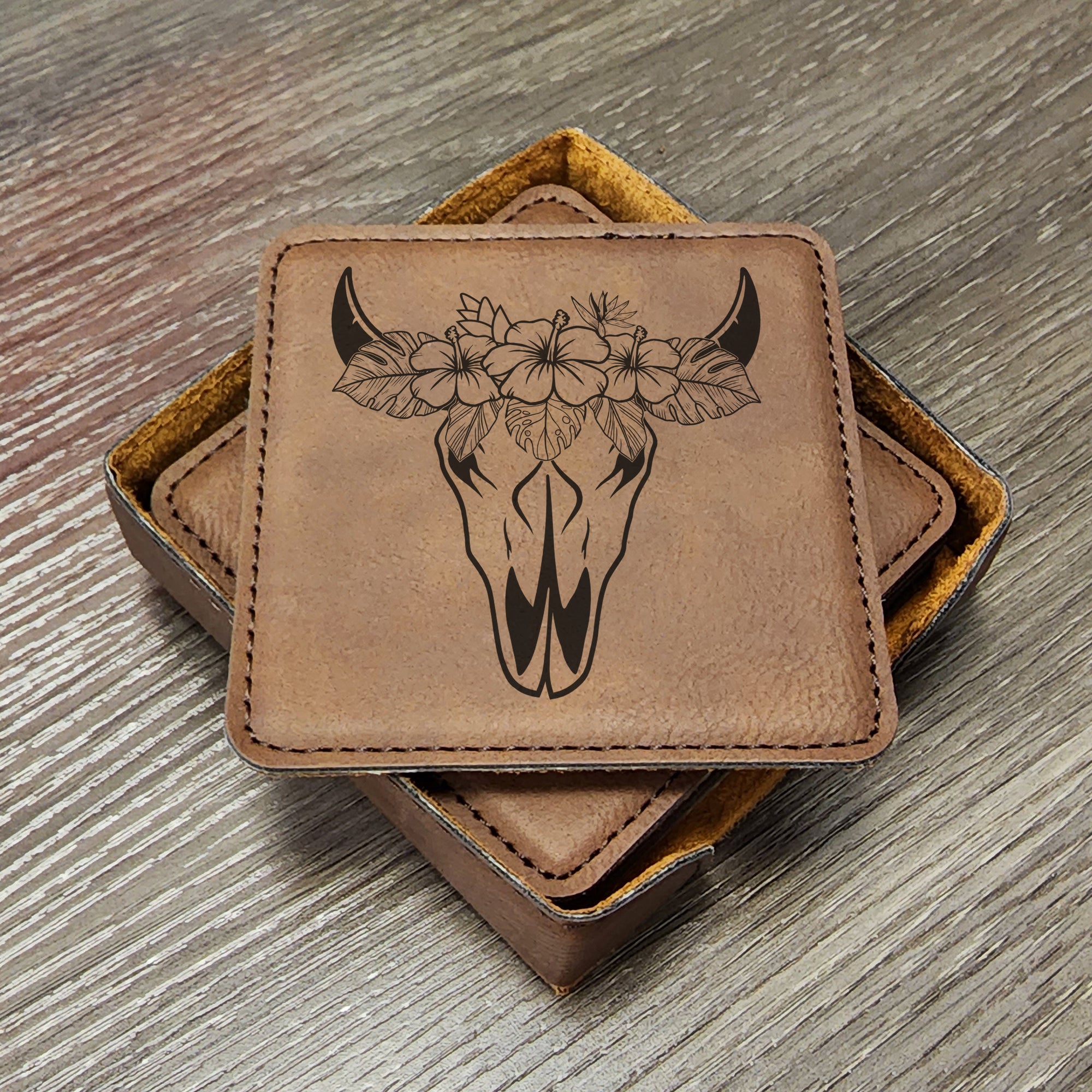 Western Coasters, Flower Cattle Skull Coaster, Beef Farmer Coasters, Cow Skull Coaster, Farmhouse Gifts, Bull Skull, Set of 6 With Holder vrs 1