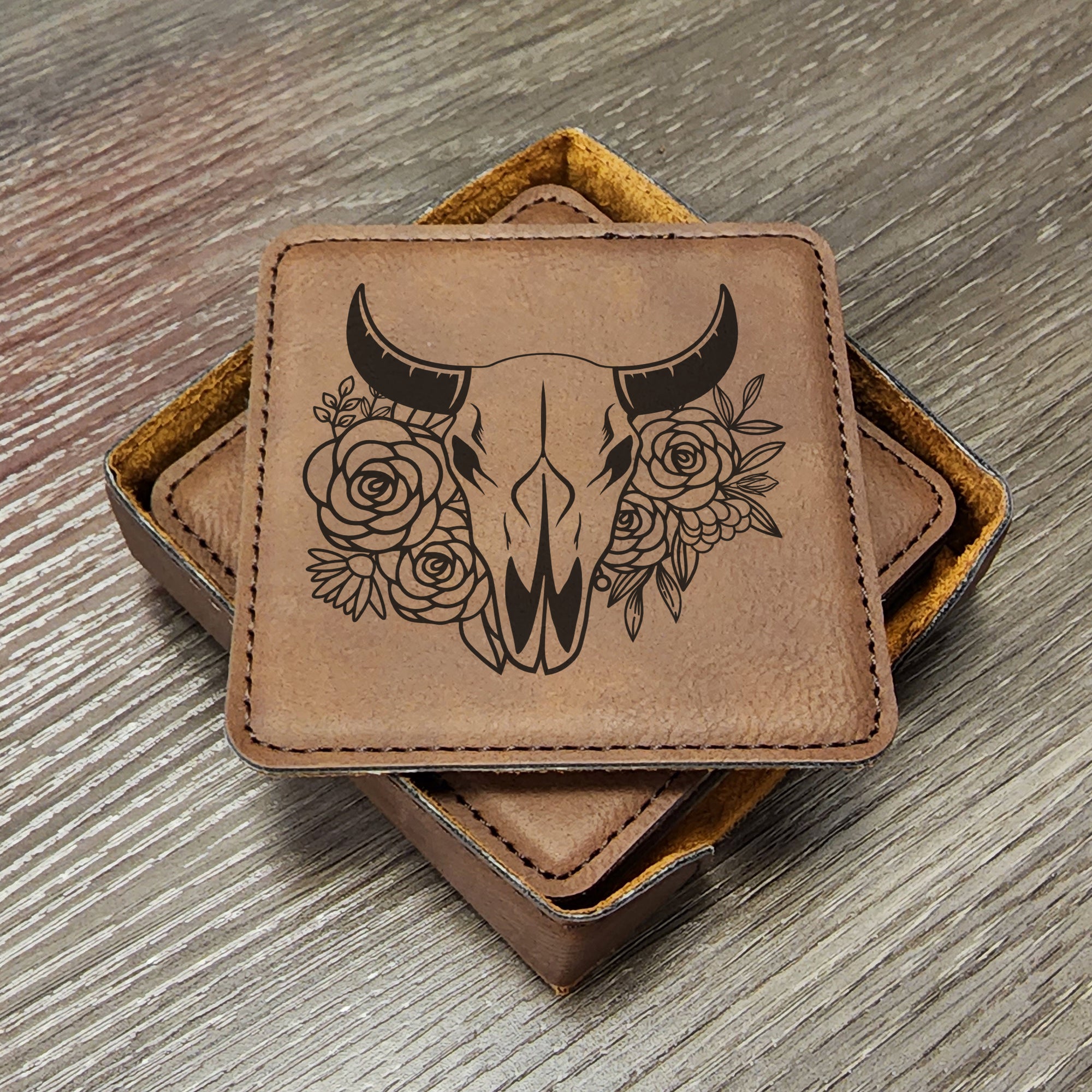 Western Coasters, Flower Cattle Skull Coaster, Beef Farmer Coasters, Cow Skull Coaster, Farmhouse Gifts, Bull Skull, Set of 6 With Holder vrs 2