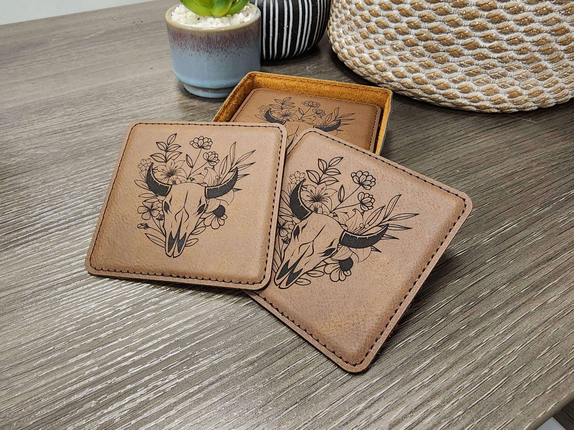 Western Coasters, Flower Cattle Skull Coaster, Beef Farmer Coasters, Cow Skull Coaster, Farmhouse Gifts, Bull Skull, Set of 6 With Holder vrs 3