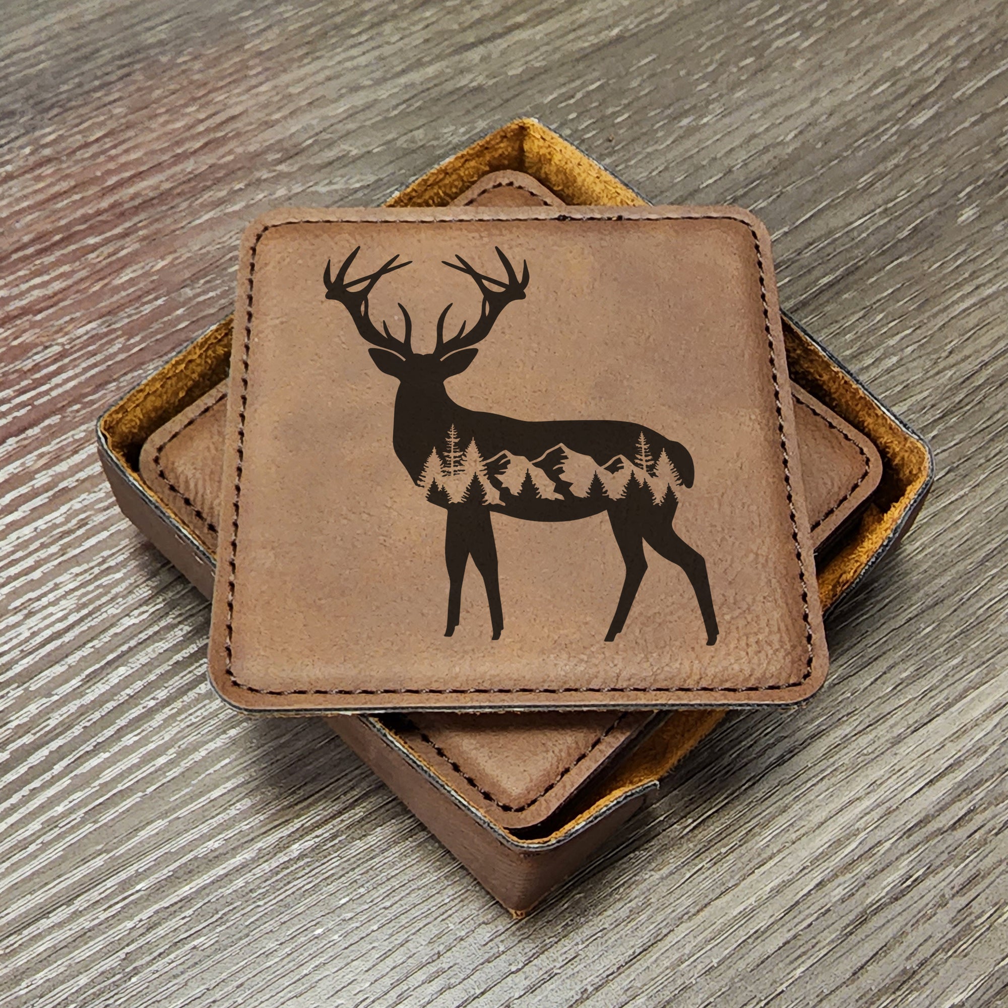 Whitetail Deer Forest Silhouette Coaster Set of 6 With Holder, A Great Gift For A Home In the Mountains Or On The Lake