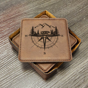 RV Camper Fifth Wheel Coasters Forests, Mountains and Compass - Great for RVing, Adventure Loving Campers Gifts, Set of 6 With Holder