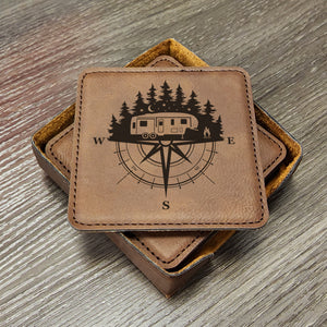 RV Camper Fifth Wheel Coasters Forests and Compass, Great for RVing, Adventure Loving Campers Gifts, Set of 6 With Holder