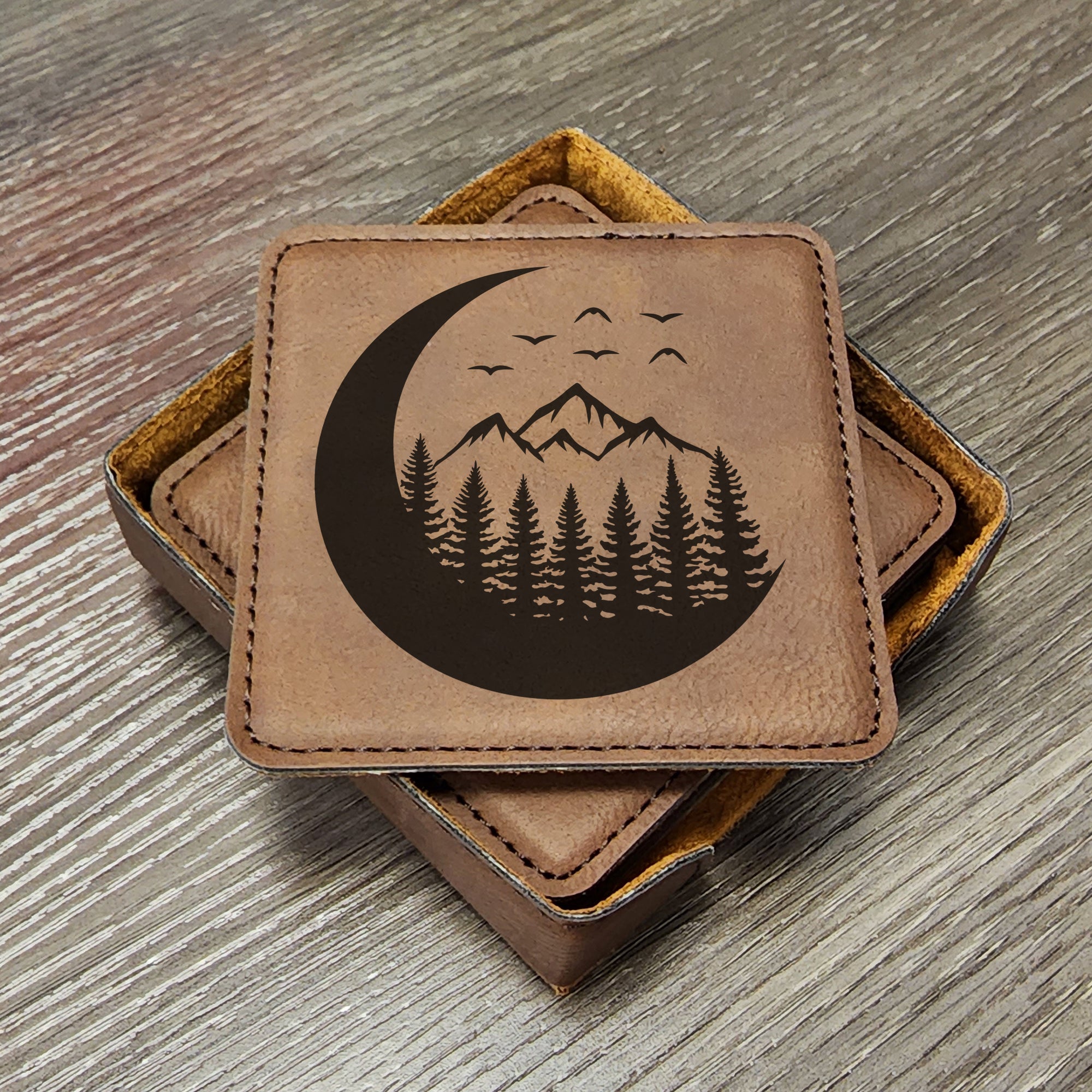 Mountain Ski Cabin Moon Forest Mountains Coasters, Great for Cabin Vacation Homes in the Mountains, Set of 6 With Holder