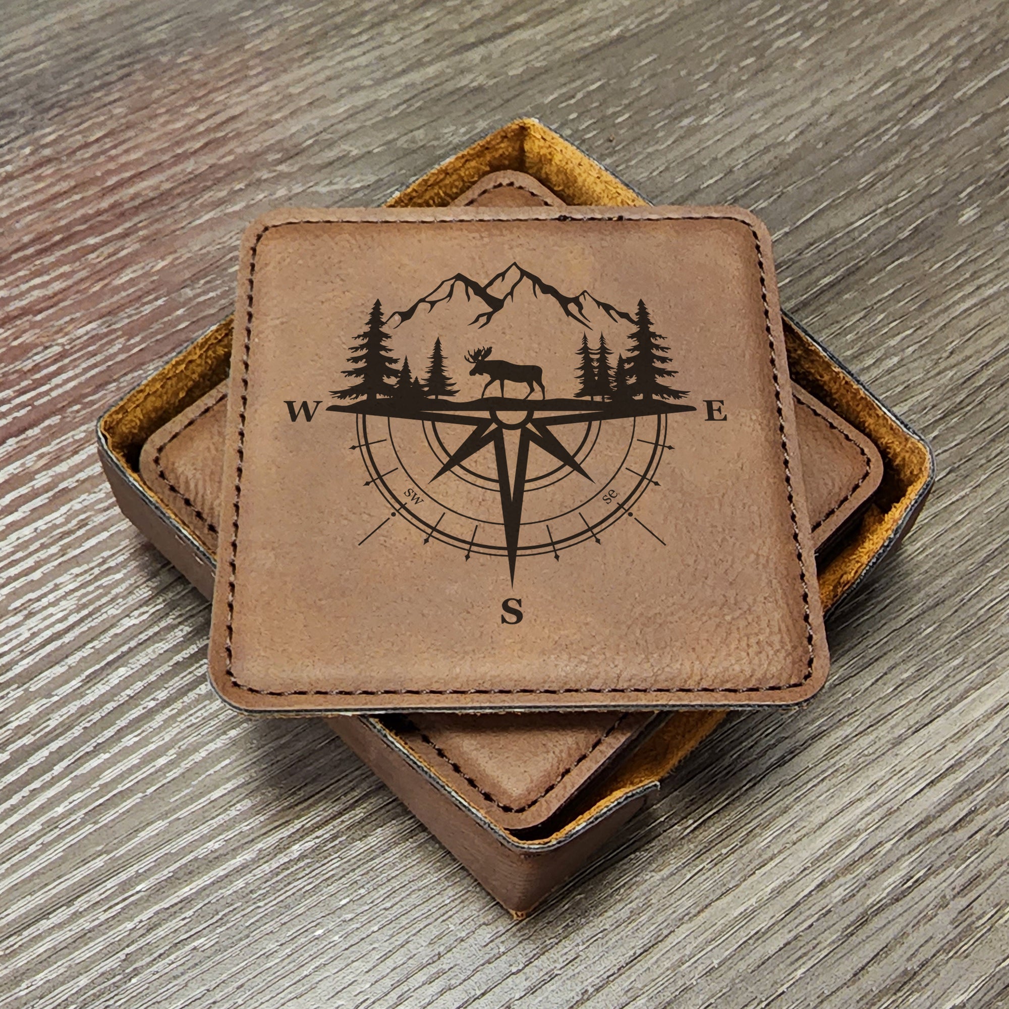 Mountain Ski Cabin Moose Coasters, Great for Cabin Vacation Homes in the Mountains, Set of 6 With Holder