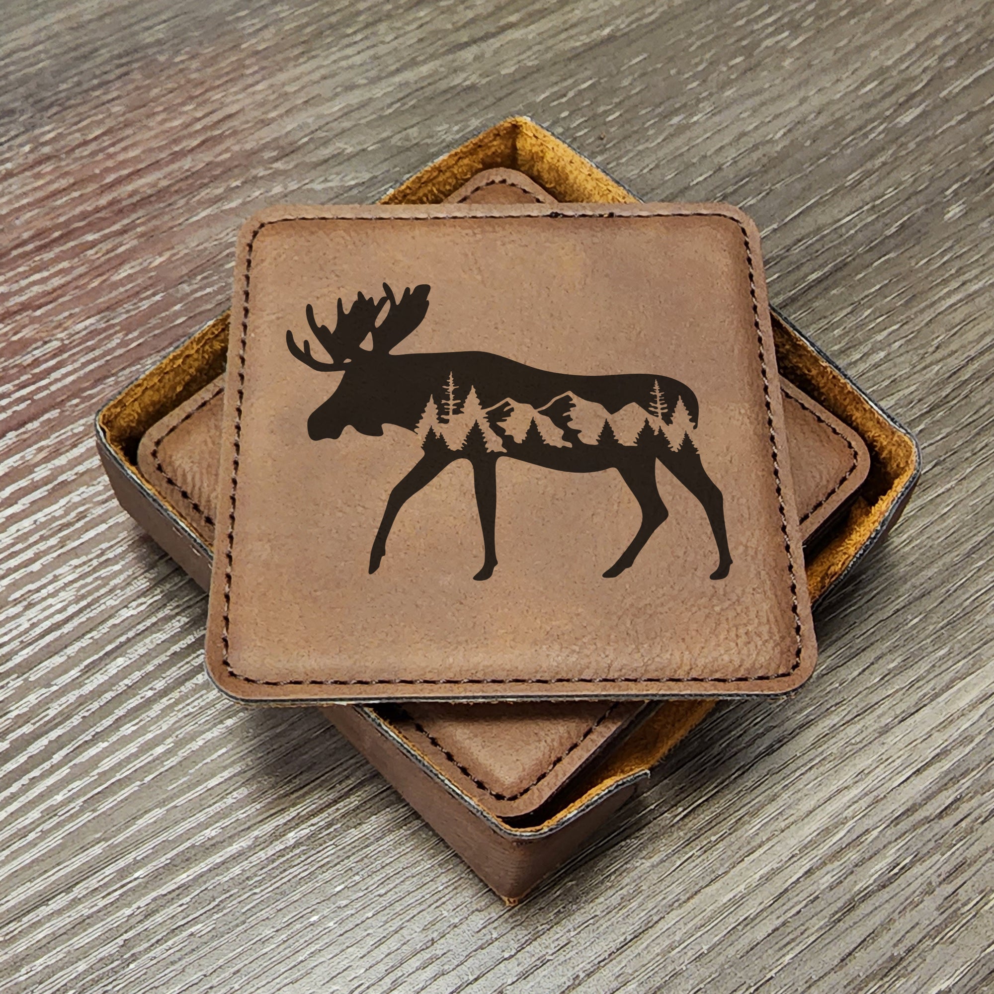 Moose Forest Silhouette Coaster Set of 6 With Holder, A Great Gift For A Home In the Mountains Or On The Lake, Deer or Elk