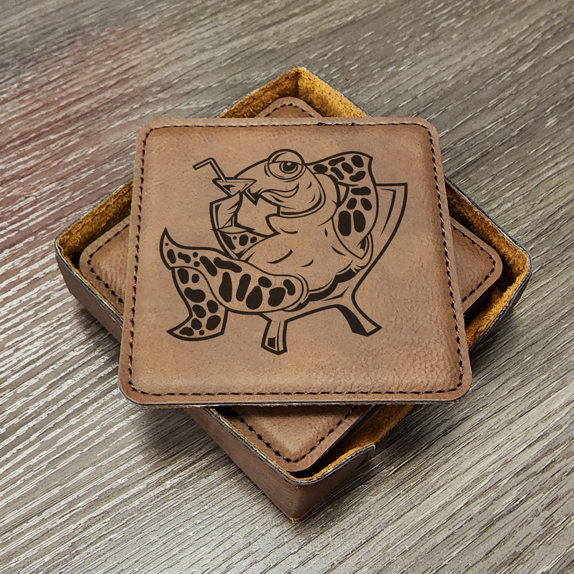 Turtle Martini Cocktail Mascot Leather Coasters, Beach Gifts, Pool Coaster, She-Shed Coaster, Mancave Barware Coasters, Set of 6 With Holder