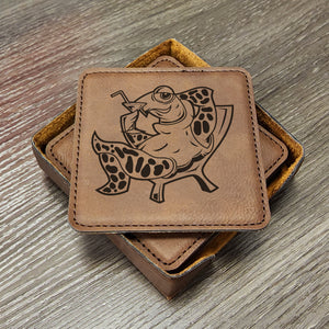 Turtle Martini Cocktail Mascot Leather Coasters, Beach Gifts, Pool Coaster, She-Shed Coaster, Mancave Barware Coasters, Set of 6 With Holder