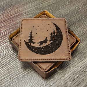 Mountain Ski Cabin Wolf Coasters, Great for Cabin Vacation Homes in the Mountains, Set of 6 With Holder