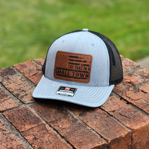 Try That In A Small Town Rectangular Patch - Heather Grey and Black Richardson 112 Trucker Hat