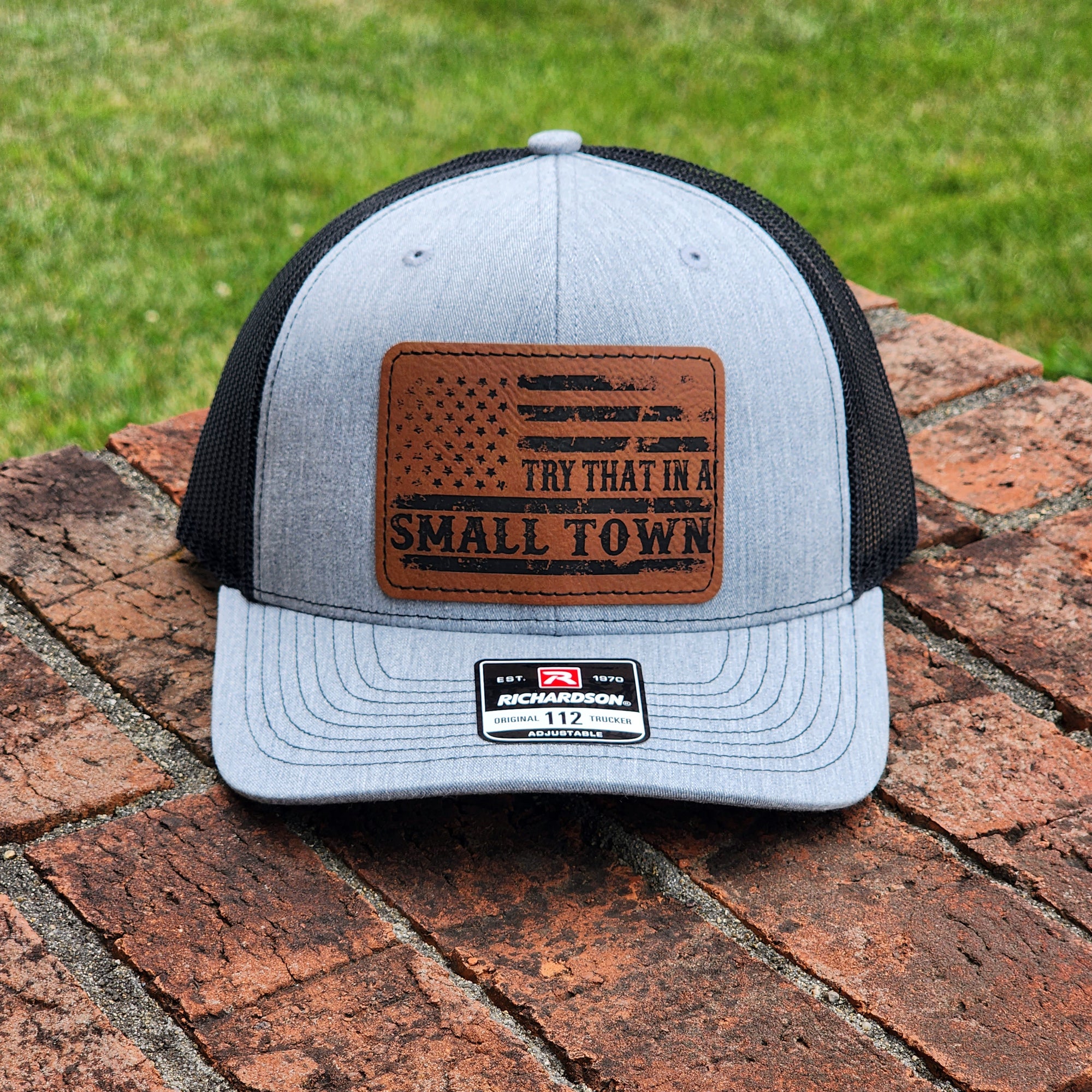 Try That In A Small Town Rectangular Patch - Heather Grey and Black Richardson 112 Trucker Hat