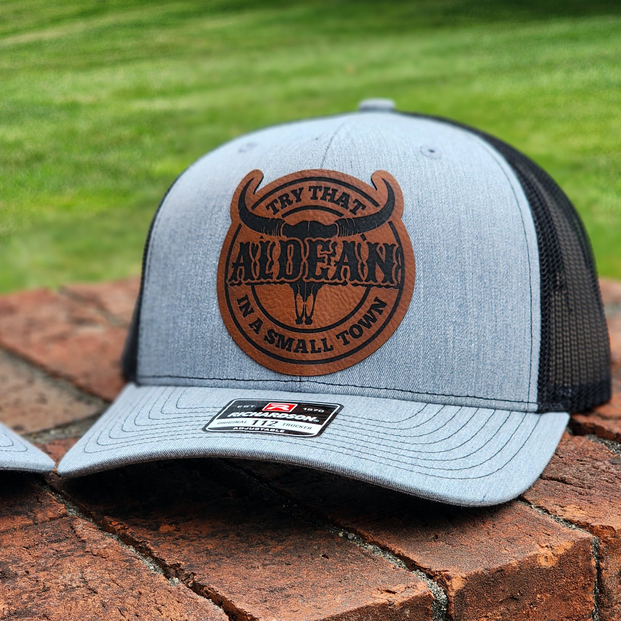Try That In A Small Town Circular Patch - Heather Grey and Black Richardson 112 Trucker Hat