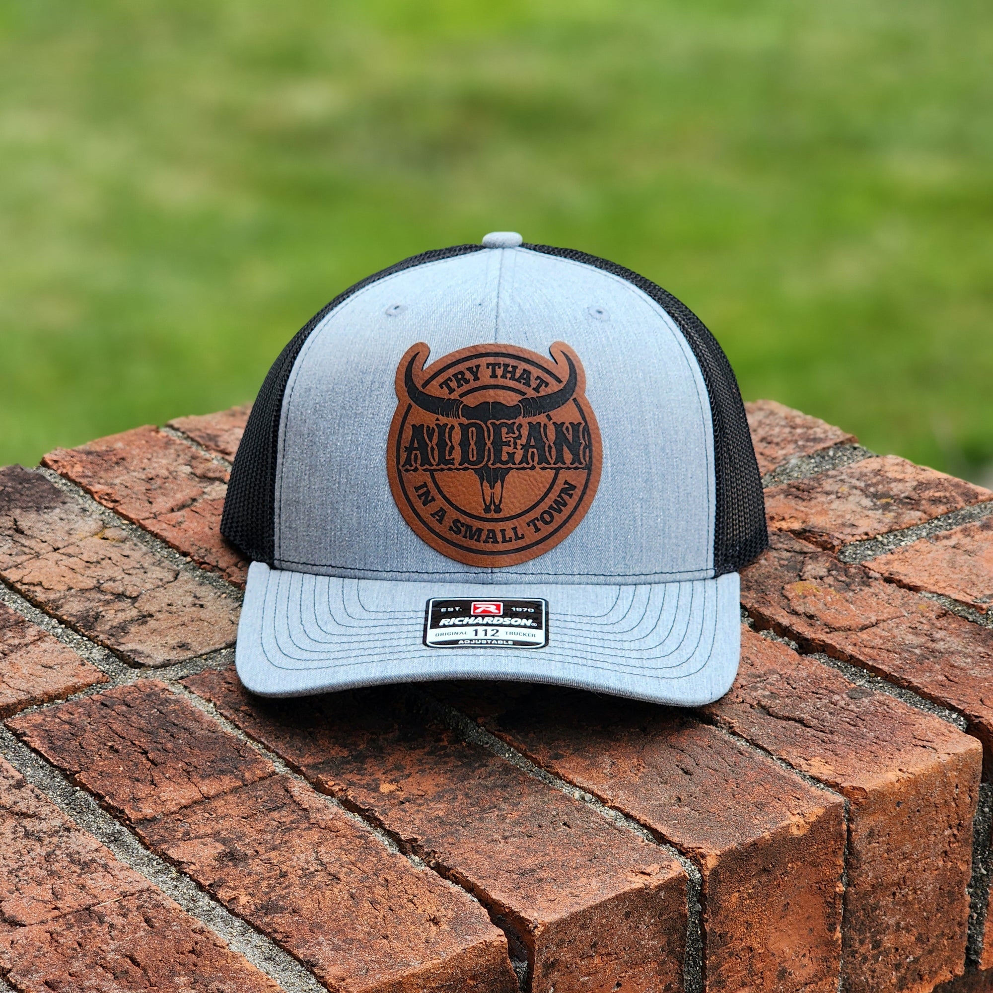 Try That In A Small Town Circular Patch - Heather Grey and Black Richardson 112 Trucker Hat