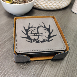 Square Leather Coaster with Antler Last Name Initial Monogram - Set of 6