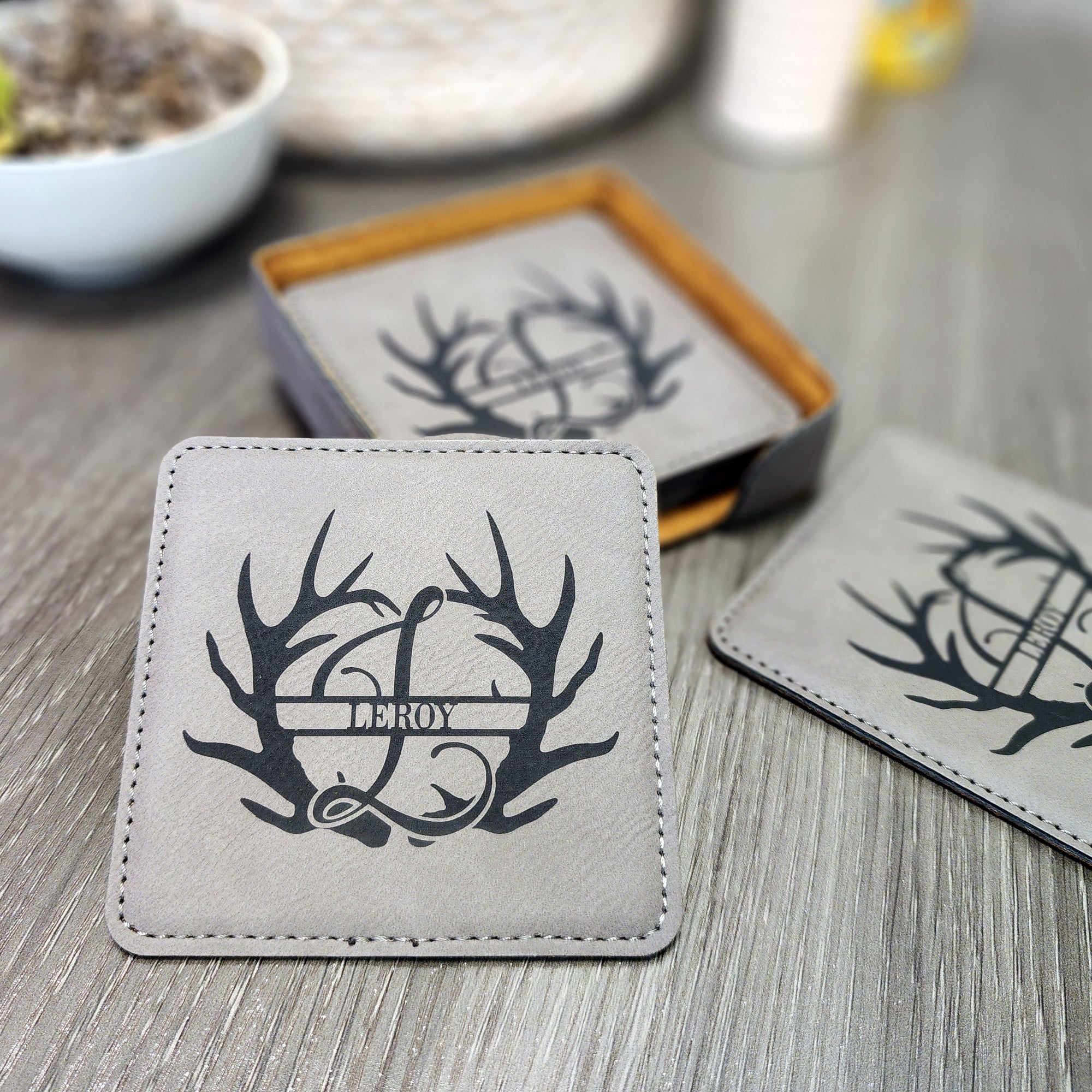 Square Leather Coaster with Antler Last Name Initial Monogram - Set of 6