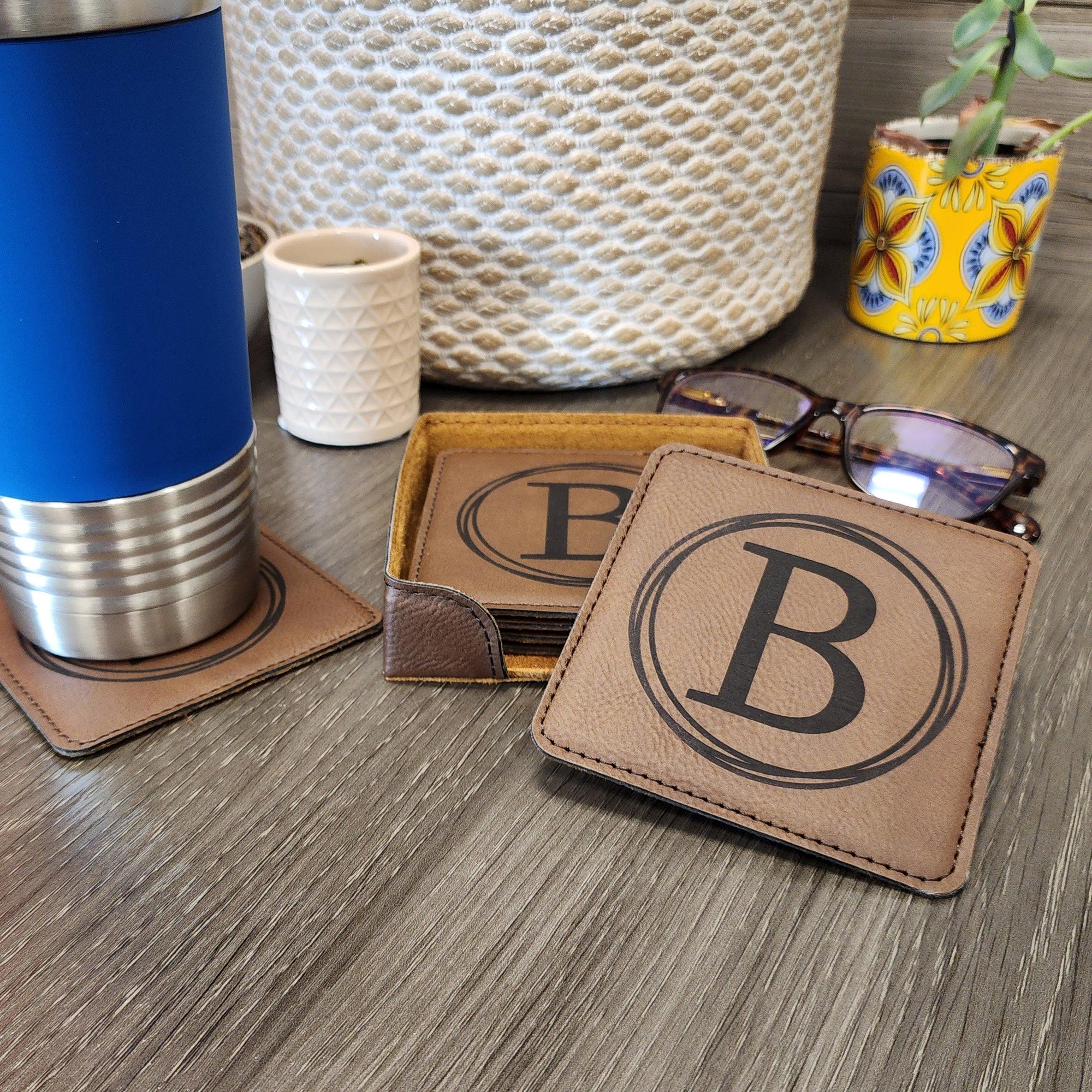Square Leather Coaster with Circle Last Name Initial Monogram - Set of 6 - Knot Creatives