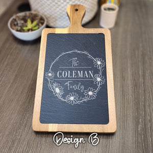 Personalized Vine Wreath Engraved Acacia Wood and Slate Cutting Boards - 13 1/4" x 7" - Great for New Home Gifts - Knot Creatives