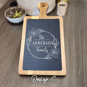 Personalized Vine Wreath Engraved Acacia Wood and Slate Cutting Boards - 13 1/4" x 7" - Great for New Home Gifts - Knot Creatives