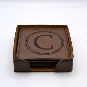 Square Leather Coaster with Circle Last Name Initial Monogram - Set of 6 - Knot Creatives